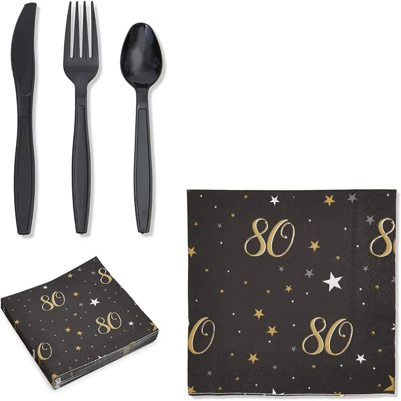 80th Birthday Party Pack, Dinnerware Set and Banner (Serves 24, 171 Pieces)