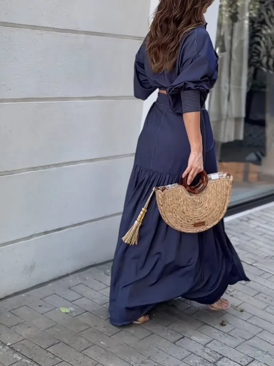 Denim Lantern Sleeve Two Pieces Dress